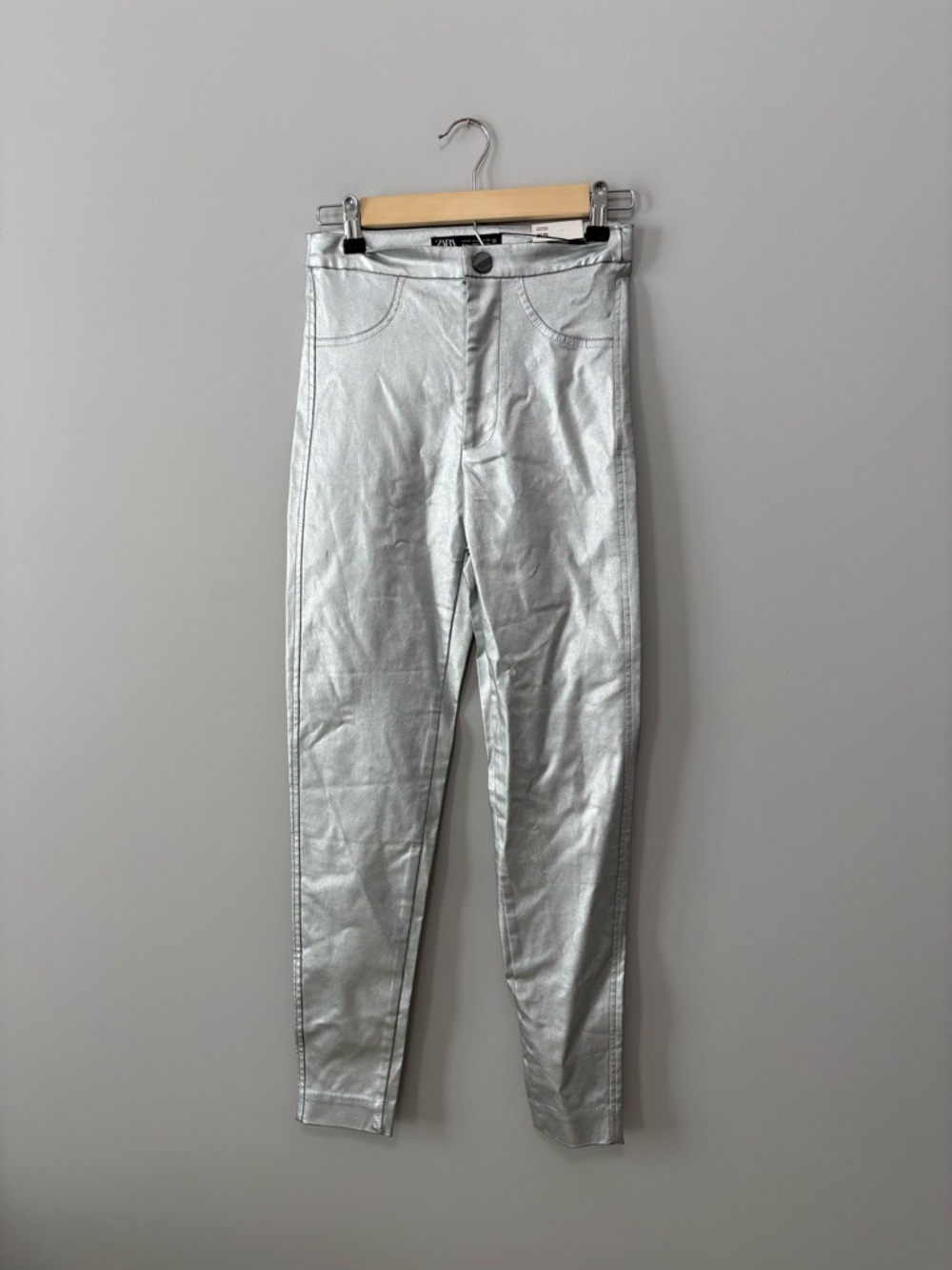 Zara Silver Festival Rave Futuristic Metallic Mid Rise Skinny Pants